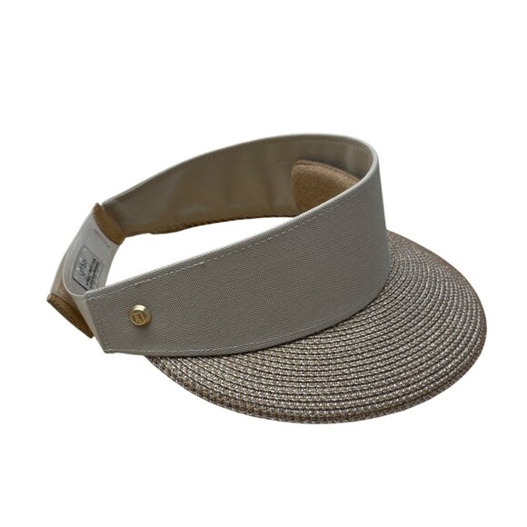 Eric Javits Beige Squishee Visor Hat With Adjustable Strap & Gold Button Detail - Picture 3 of 11